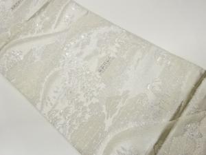 プラチナ銀箔二重織山に木々・神社仏閣模様織出し袋帯